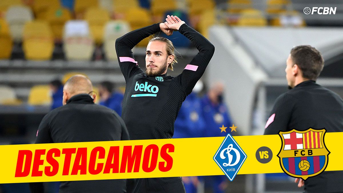 Óscar Mingueza, en el calentamiento previo al Dynamo de Kiev - FC Barcelona