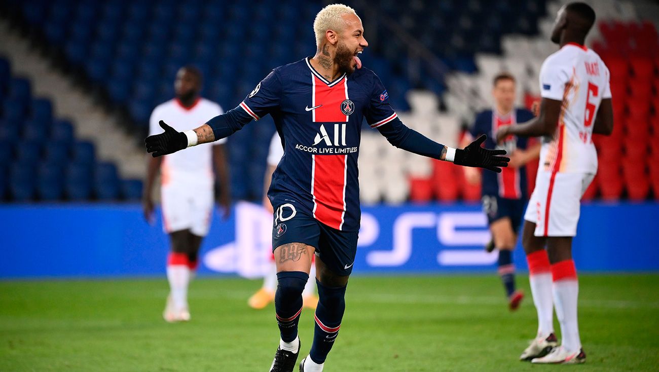 Neymar celebra su gol ante el Leipzig en Champions