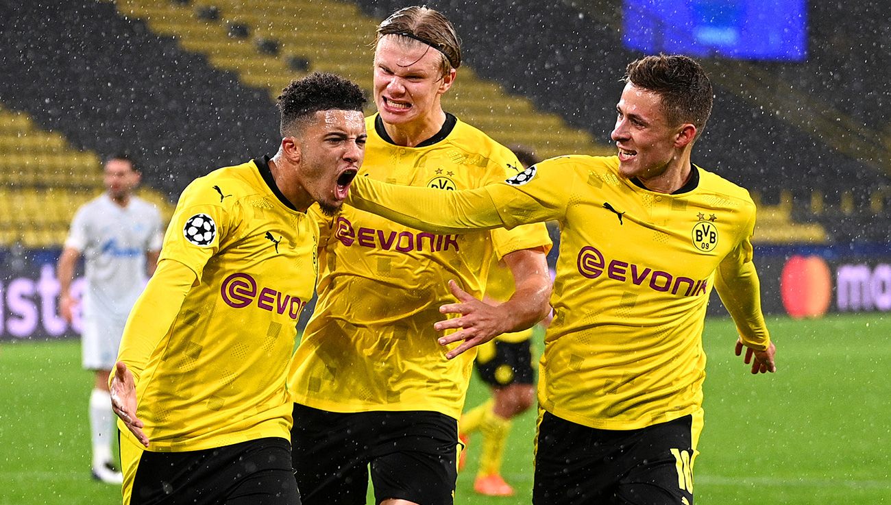 Sancho, Haaland and Hazard celebrate a goal