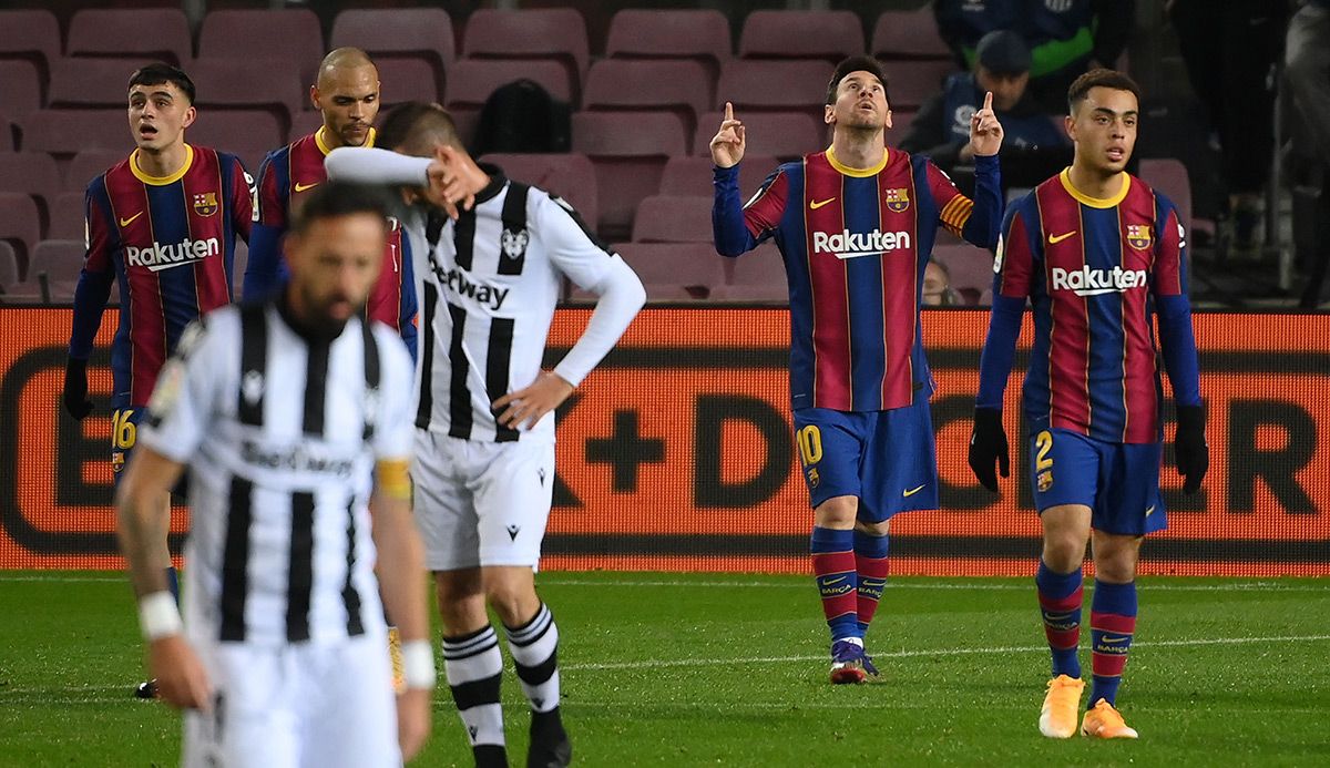 Leo Messi, celebrating the goal against the Levante