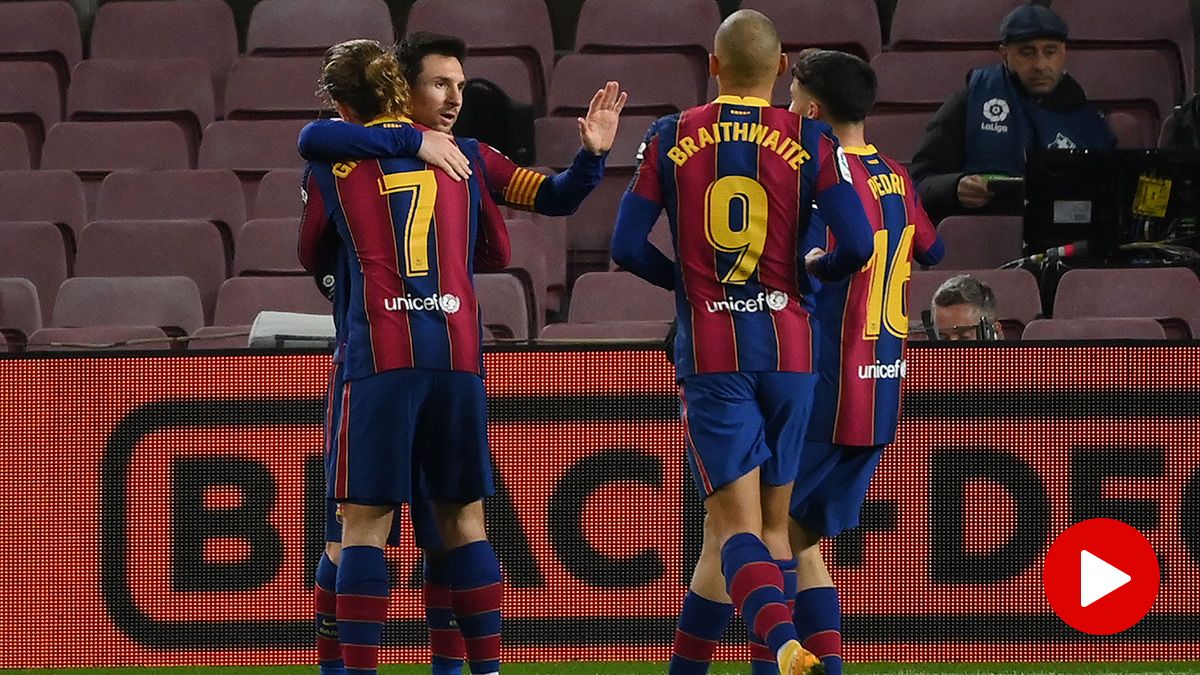 El FC Barcelona, celebrando el gol de la victoria contra el Levante