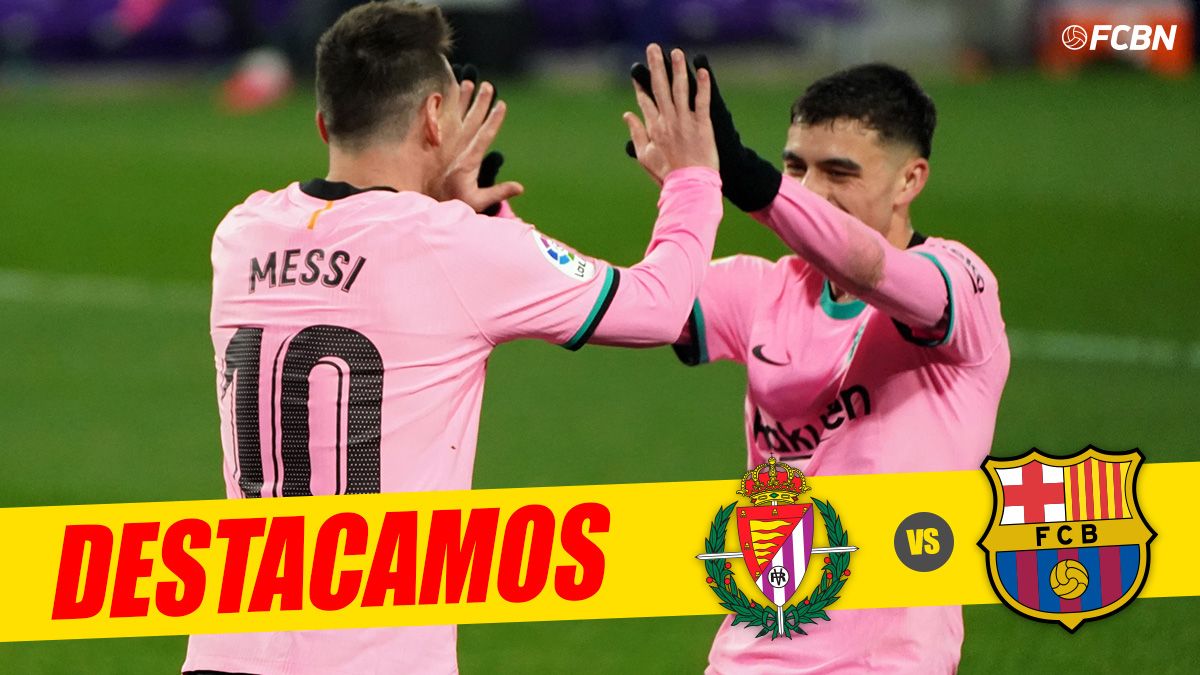 Pedri y Messi, celebrando el último gol contra el Valladolid en Pucela