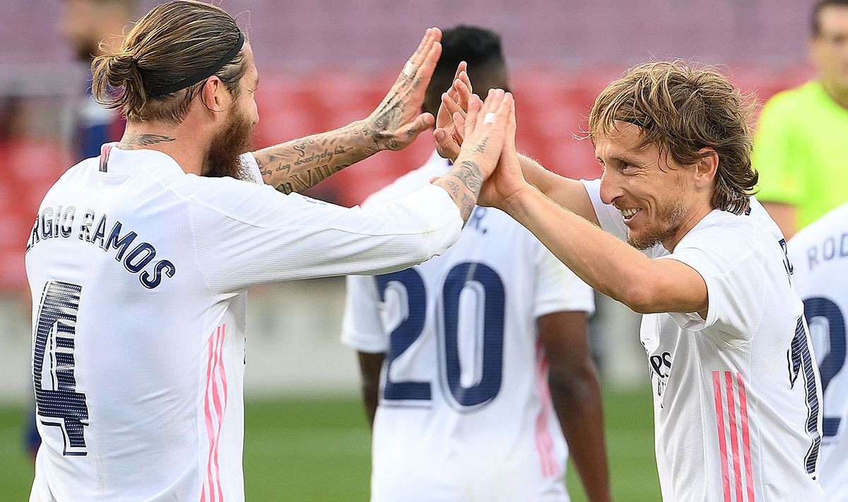 Sergio Ramos and Luka Modric, celebrating a goal with the Real Madrid