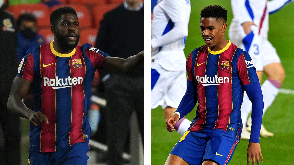 Samuel Umtiti and Junior Firpo, players of the FC Barcelona