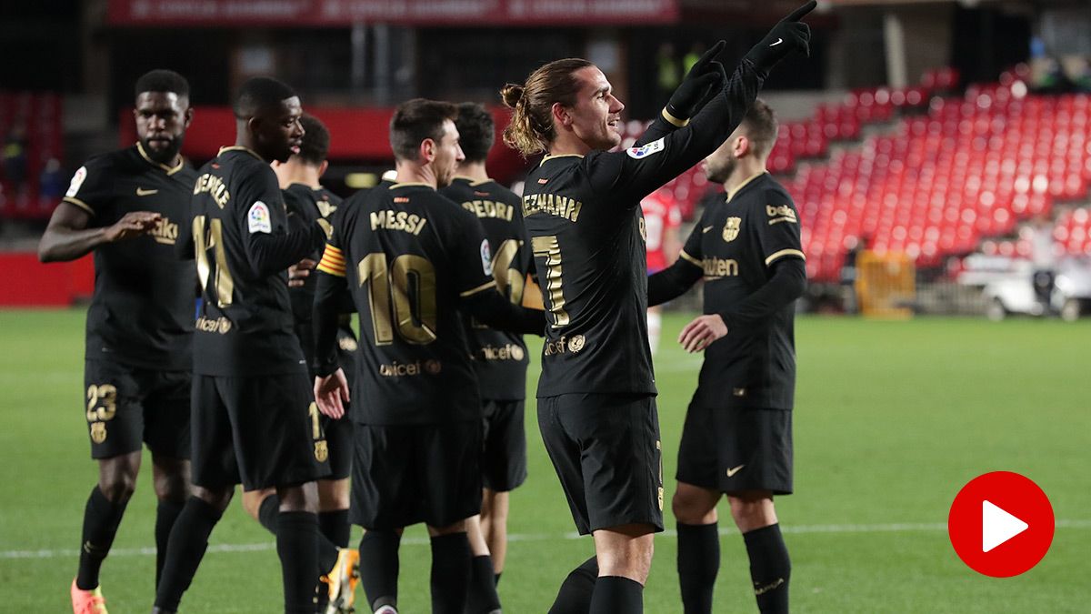 El Barça, celebrando el doblete de Antoine Griezmann contra el Granada