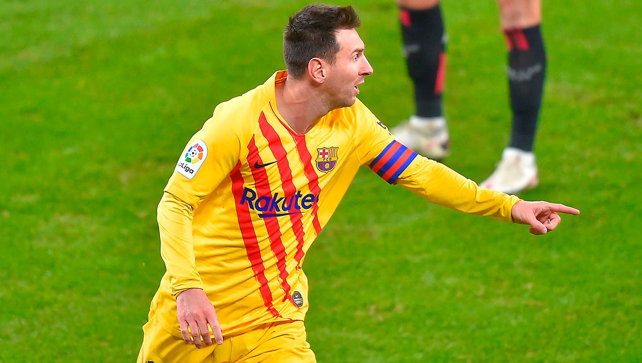Leo Messi celebrates a goal in Bilbao