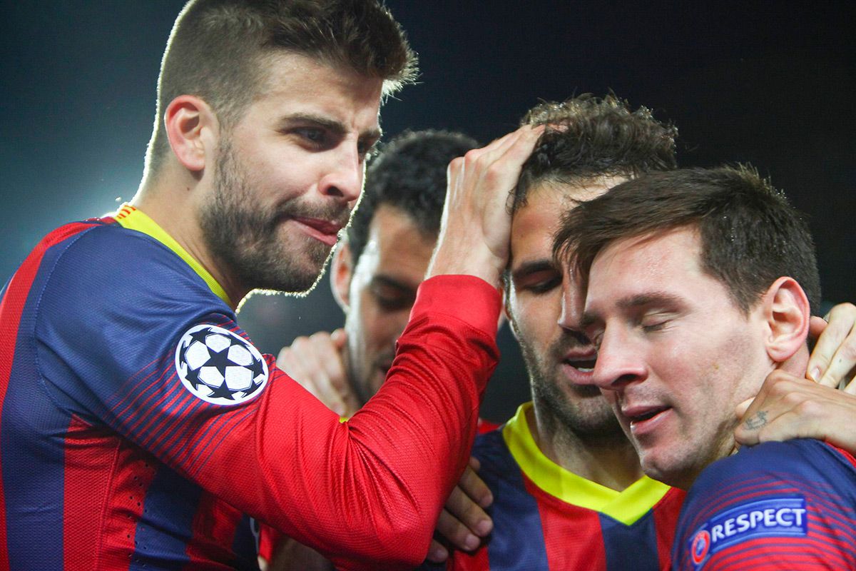 Piqué, Messi and Cesc celebrating a goal