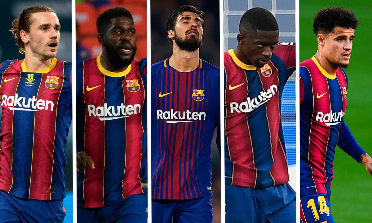 Coutinho, Umtiti, André Gomes, Dembélé and Griezmann, from left to right
