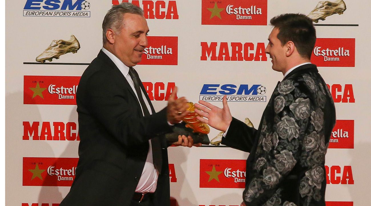 Hristo Stoichkov y Leo Messi en la entrega de la Bota de Oro 2012-13