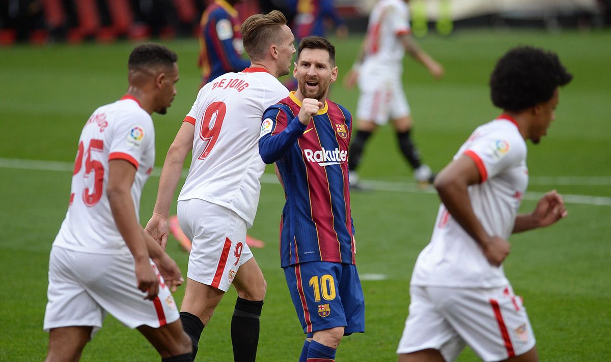 Leo Messi, celebrating the goal against the Seville