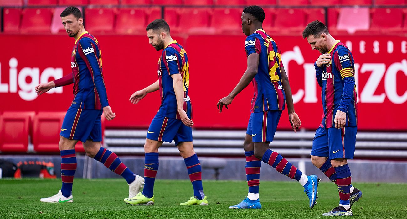 Los jugadores del Barça tras el gol de Messi en Sevilla