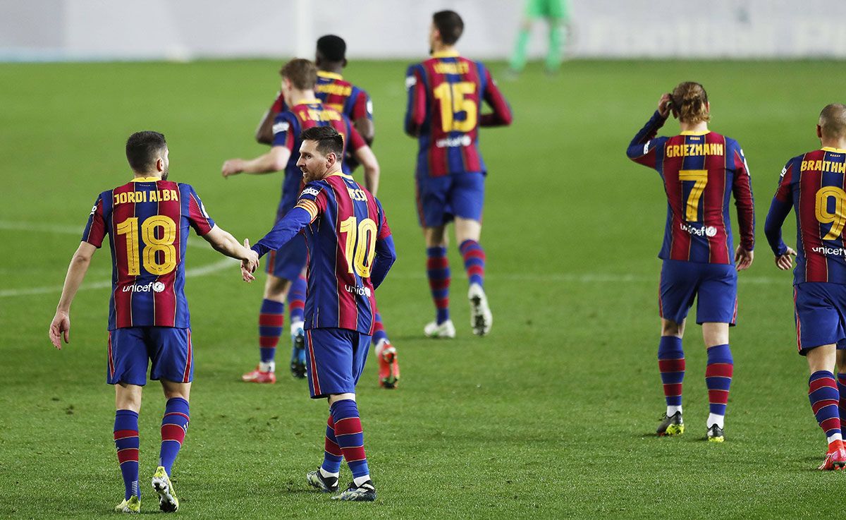 El Barça, celebrando un gol marcado contra el Sevilla