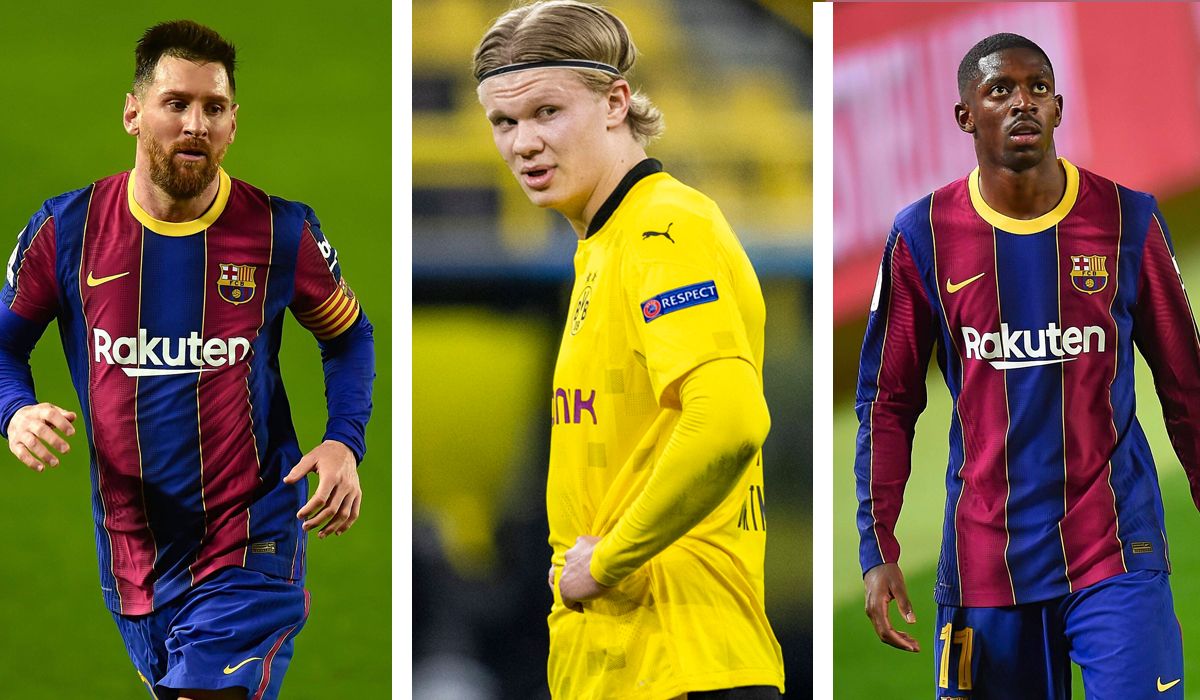 From left to right, Lionel Messi, Erling Haaland and Ousmane Dembélé