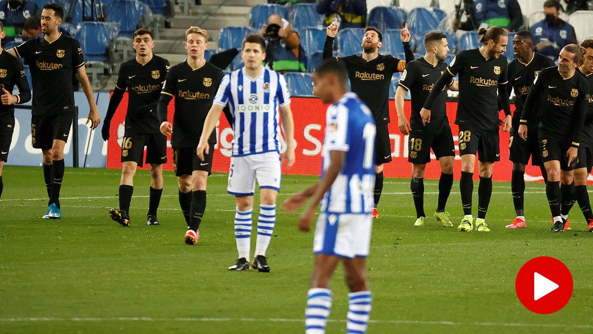 El FC Barcelona, celebrando la goleada frente a la Real Sociedad