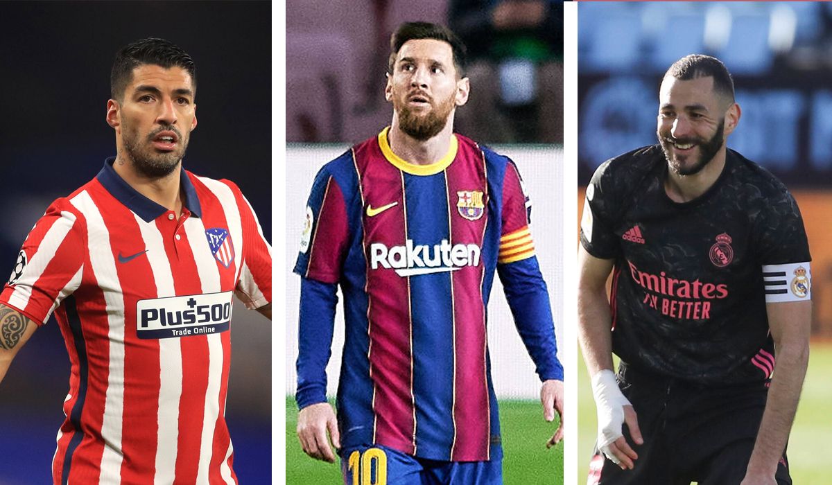 De izquierda a derecha, Luis Suárez, Leo Messi y Karim Benzema, jugadores del Atleti, Barça y Madrid