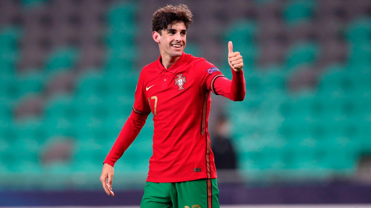 Francisco Trincao celebrates his goal with Portugal