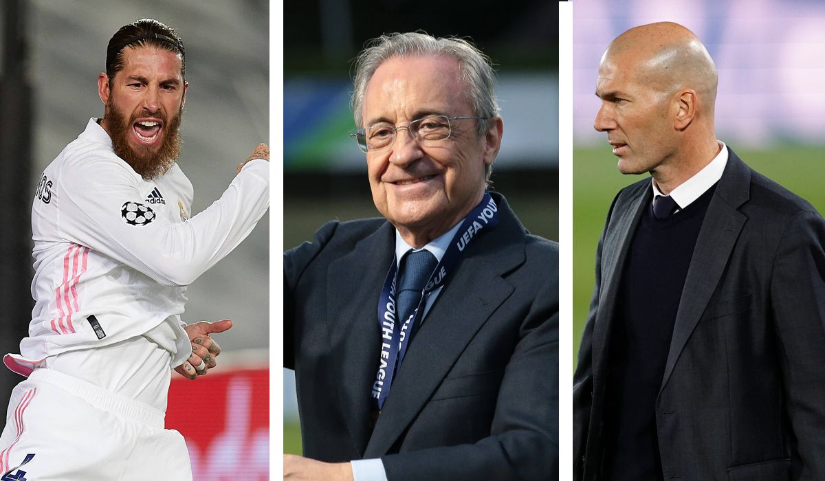 De izquierda a derecha: Sergio Ramos, Florentino Pérez y Zinedine Zidane