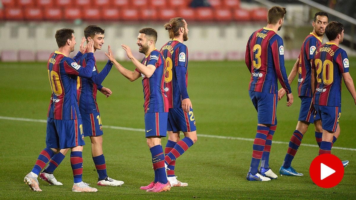 The FC Barcelona, celebrating one of the goals in front of the Getafe