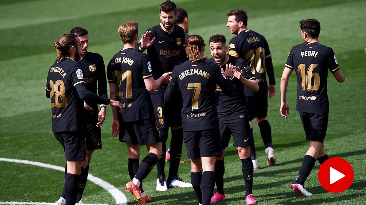 The Barça, celebrating one of the goals against the Villarreal