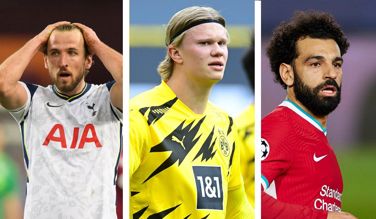 From left to right: harry Kane, Erling Haaland and Mohamed Salah