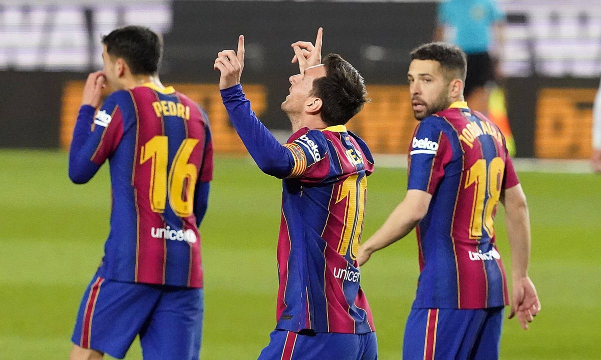 Leo Messi, celebrating a goal with the Barça this season