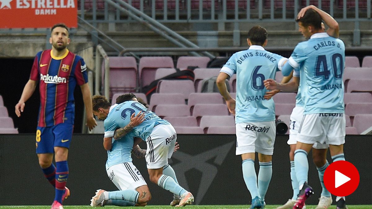 Santi Mina, celebrando uno de los goles contra el Barça