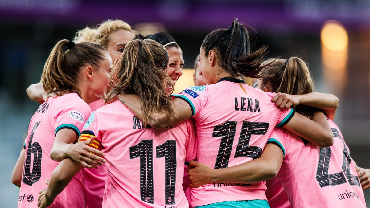 Las jugadoras del FC Barcelona, celebrando un gol en la final de la Champions League