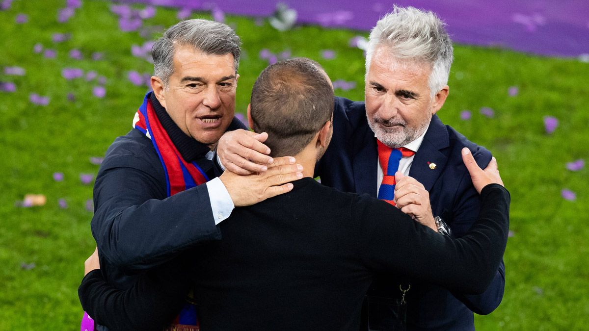 Joan Laporta, Lluís Cortés and Xavi Puig celebrating the Champions League of the Barça