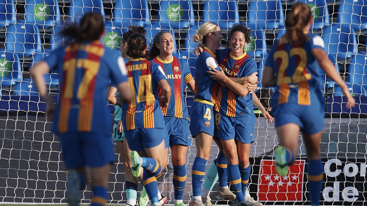 The players of the Barça, celebrating a goal in the final of the Glass of the Queen