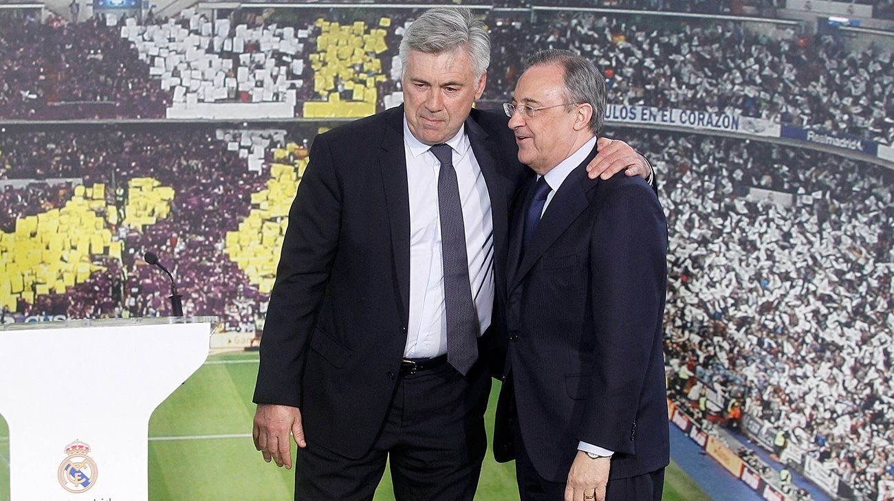 Ancelotti y Florentino Pérez en la presentación del italiano en 2013