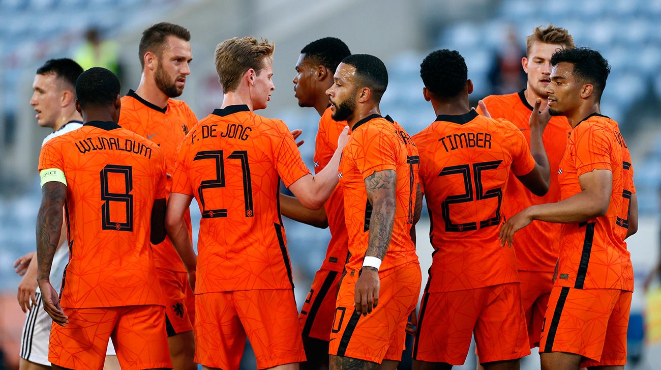 Los jugadores de Holanda celebran el gol de Depay