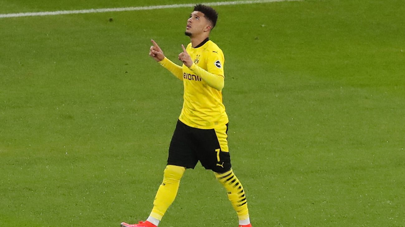 Jadon Sancho celebrates a goal with the Dortmund
