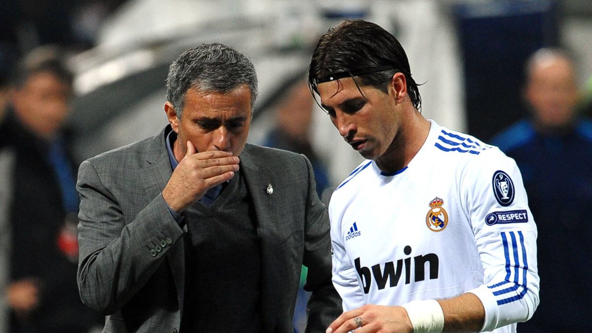Sergio Ramos and José Mourinho during a Real Madrid match