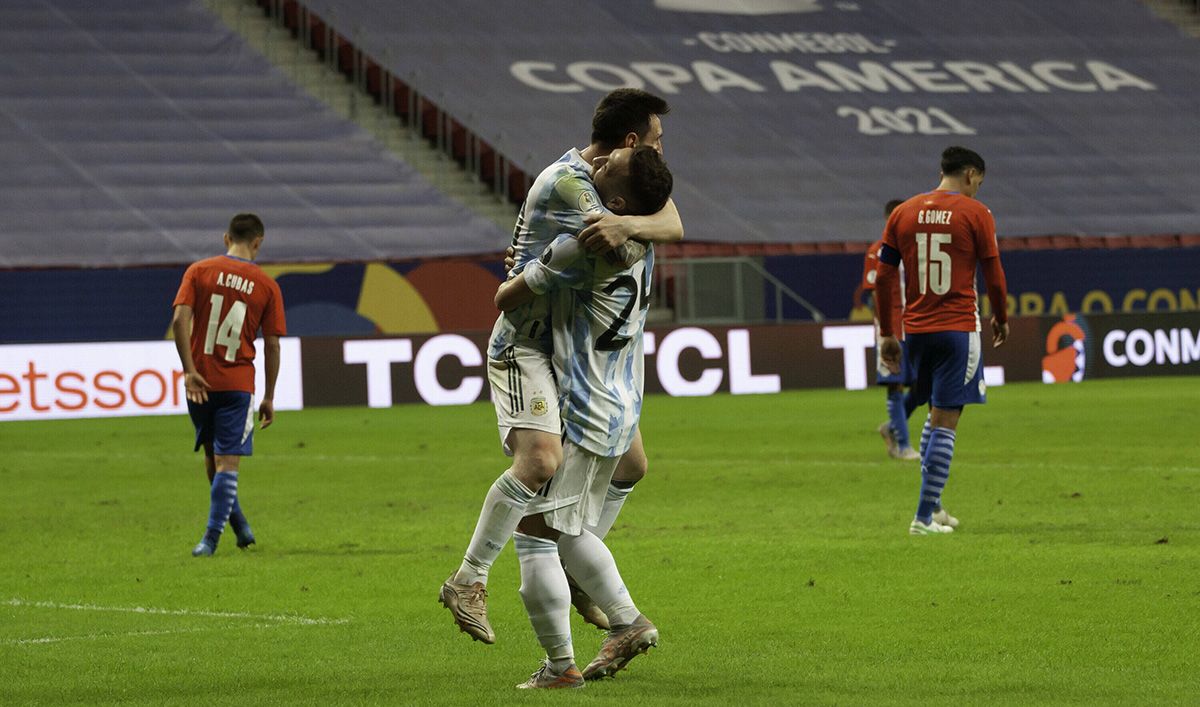 Leo Messi, celebrating a goal with Argentina against Paraguay