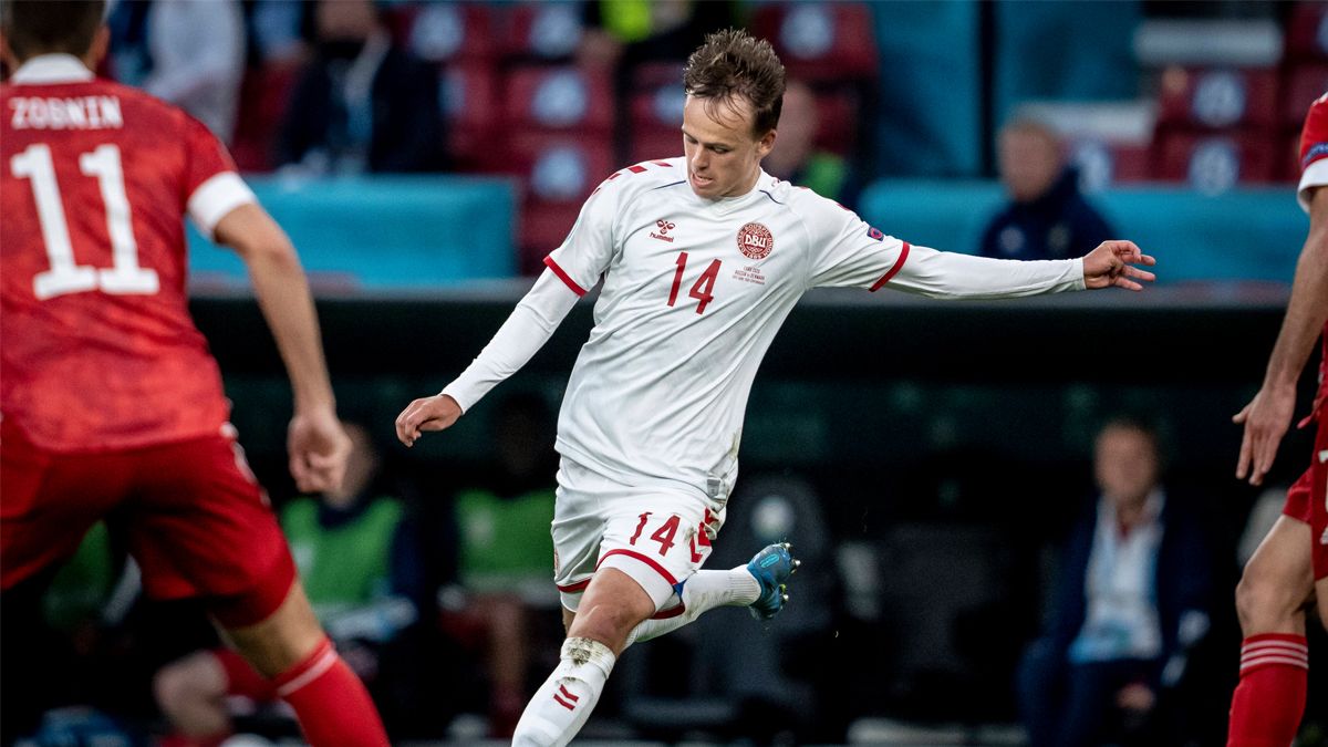 Mikkel Damsgaard, en un partido con Dinamarca