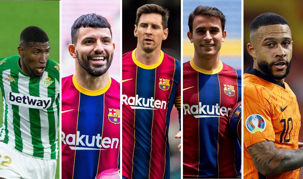 De izquierda a derecha: Emerson, Agüero, Messi, Eric García y Depay, jugadores del Barça