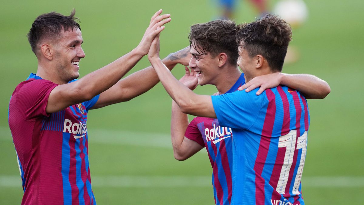 Los canteranos del Barça, celebrando un gol ante el Nàstic