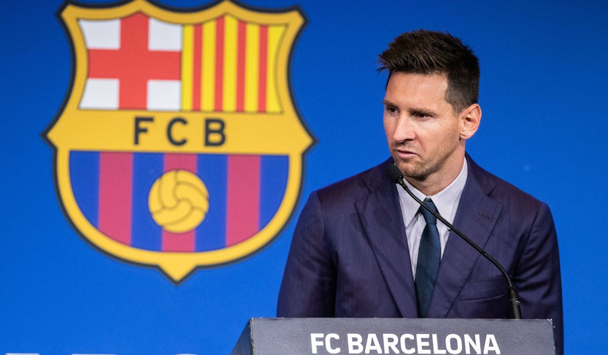Lionel Messi durante la rueda de prensa de despedida del Barça