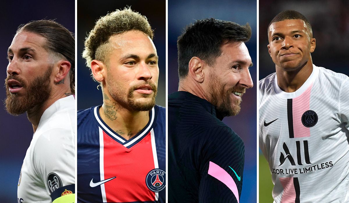 De izquierda a derecha: Sergio Ramos, Neymar, Leo Messi y Mbappé