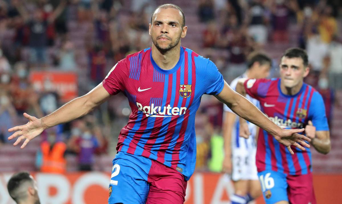 Martin Braithwaite celebra uno de sus goles ante la Real Sociedad