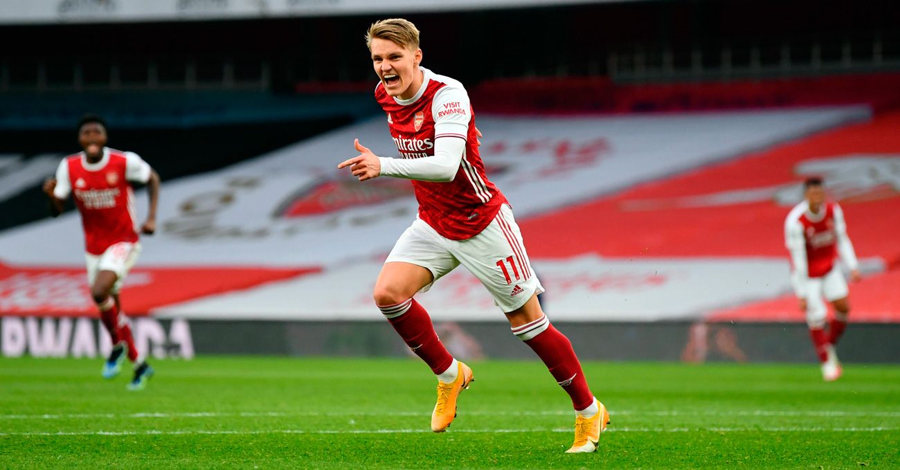 Martin Odegaard celebrates a goal with the Arsenal