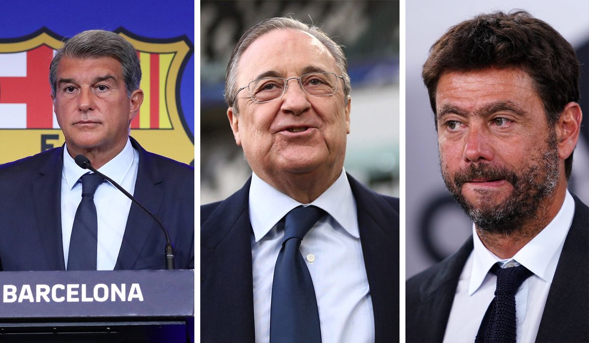 Laporta, Florentino Pérez y Agnelli, presidentes del Barça, Madrid y Juventus respectivamente
