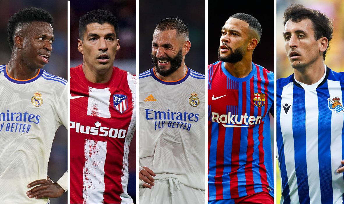Of left to right: Vinicius, Suarez, Benzema, Memphis and Oyarzabal, players of LaLiga
