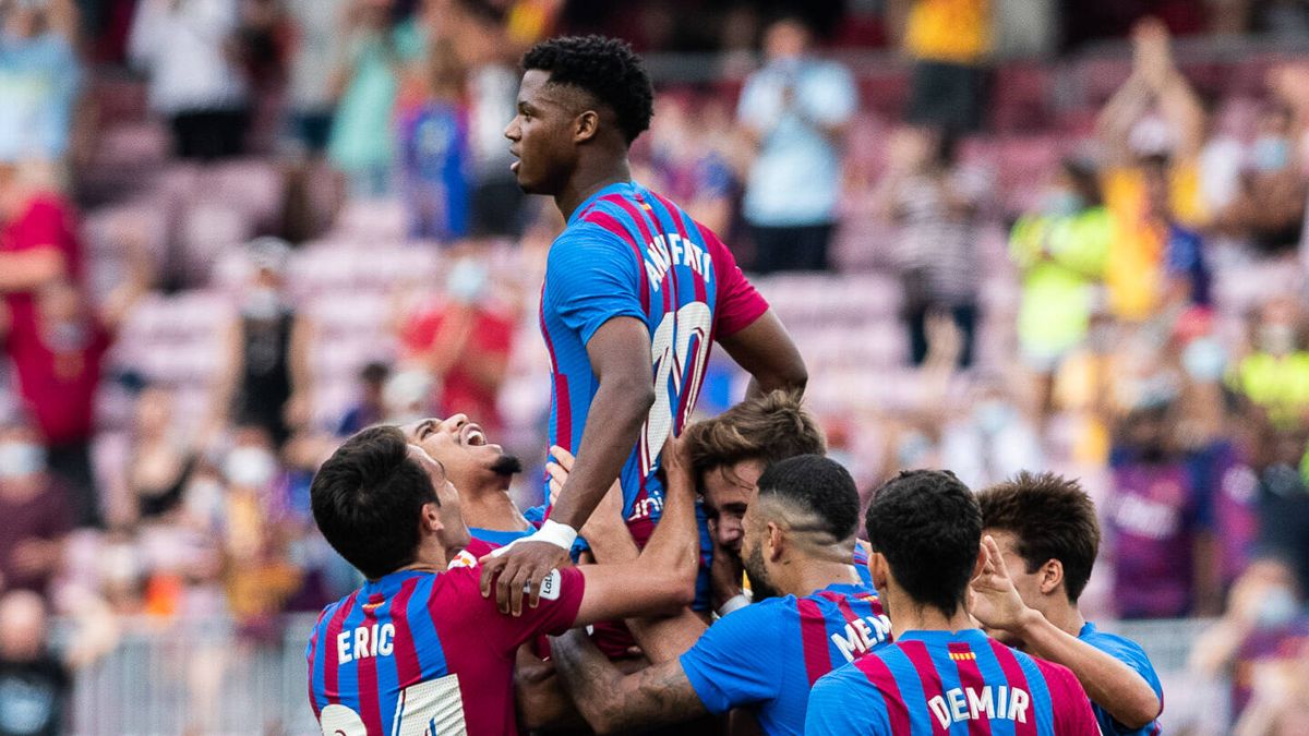 Ansu Fati celebrando su primer gol en casi de once meses