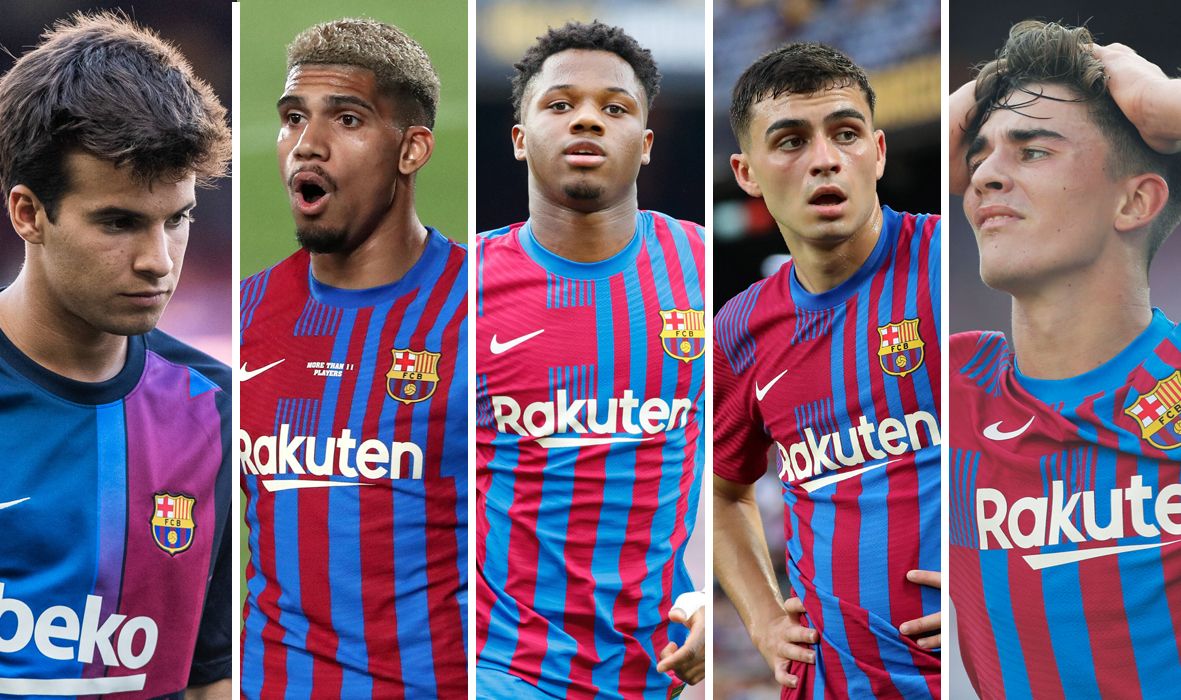 De izquierda a derecha: Riqui Puig, Ronald Araújo, Ansu Fati, Pedri y Gavi, jóvenes promesas del Barça