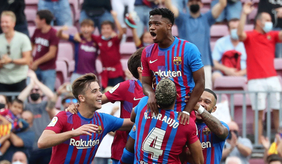 Ansu Fati Celebrates beside his mates of the Barcelona