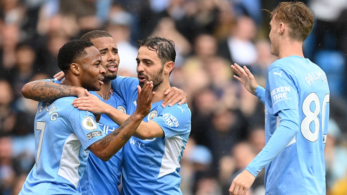 Raheem Sterling celebrates beside his mates of the Manchester City