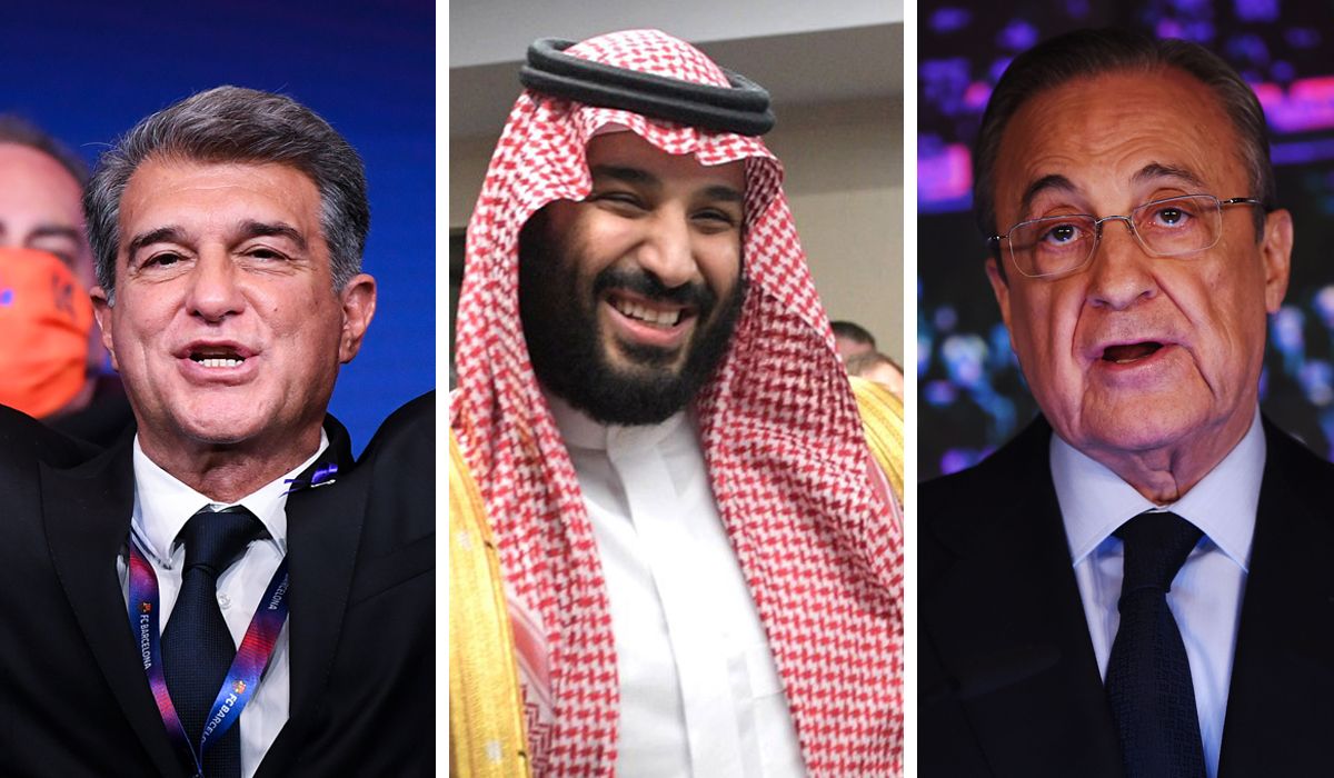 De izquierda a derecha: Joan Laporta, Mohammed bin Salman y Florentino Pérez