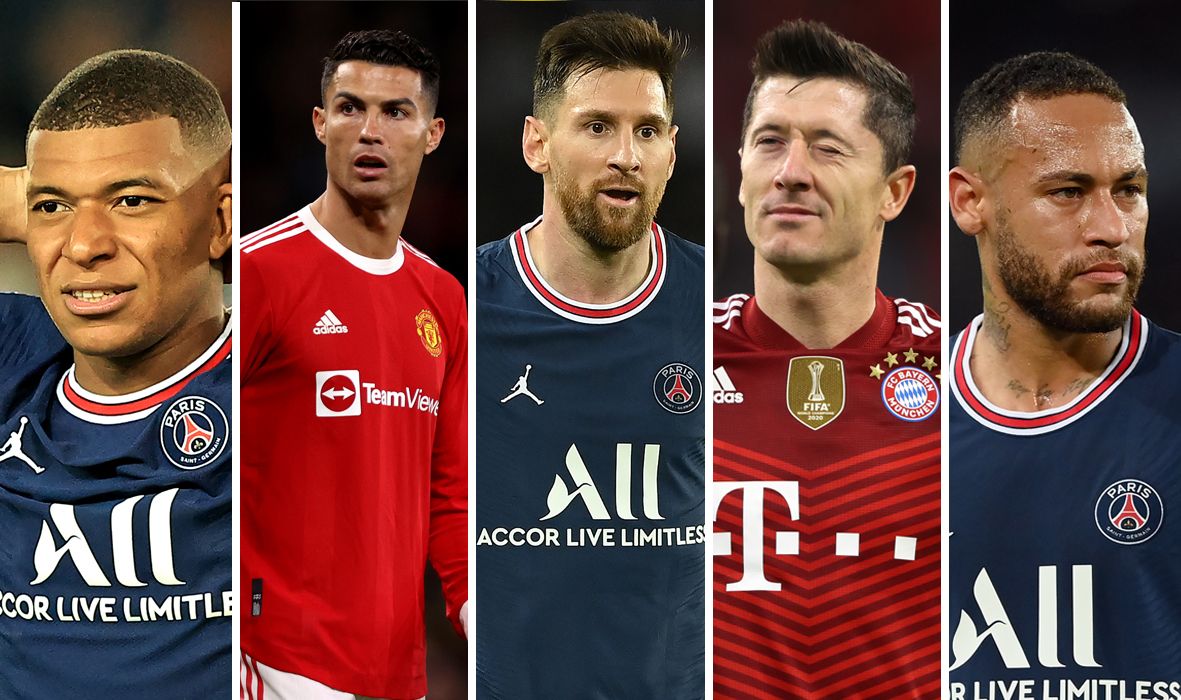 From left to right: Mbappé, Cristiano, Messi, Lewandowski and Neymar, the better players paid in the world