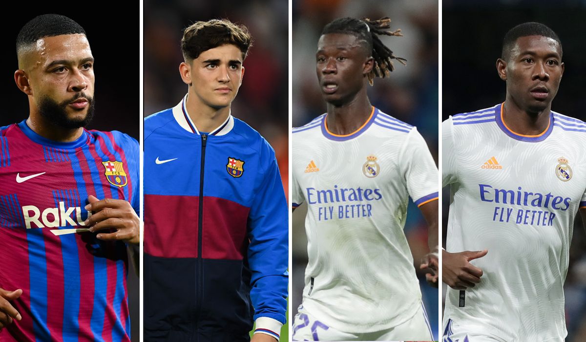 De izquierda a derecha: Memphis, Gavi, Camavinga y Alaba, jugadores del Barça y Real Madrid